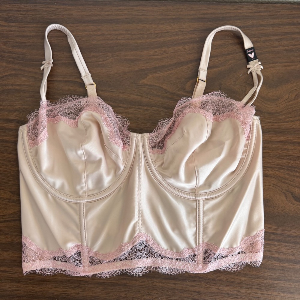 Victoria's Secret Satin Lace Bralette Bustier Corset Top Pink Metallic Sexy 34DD